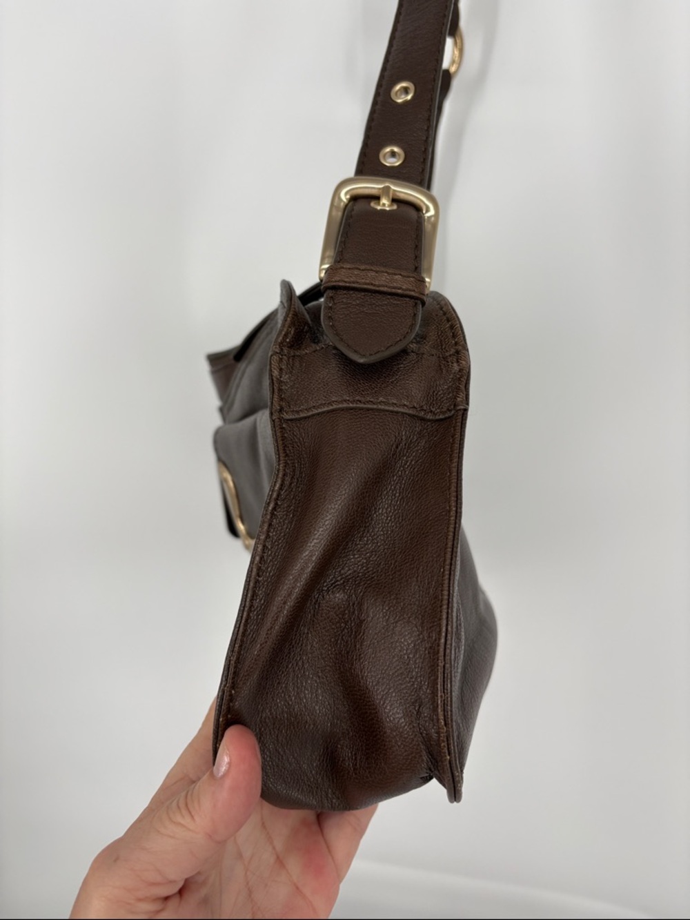 🎪 Via Spiga Dark Brown goat Napa Leather Shoulder Bag with Gold Hardware - Picture 8 of 16